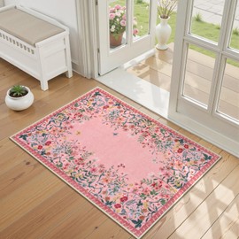 Wonnitar 2x3 Pink Bathroom Rugs Non Slip Washable, Floral Small Area Rugs for Entryway, Low Pile Soft Door Mat Indoor Entrance Throw Carpet for Kitchen Bedside Laundry Room (Pink,2'x3')