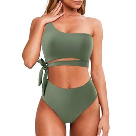 COOLIZ Traje de baño para Mujer Dos Piezas de Cintura Alta para Playa Surf Piscina Un Hombro Descubierto con Tira de Amarre y Lazo