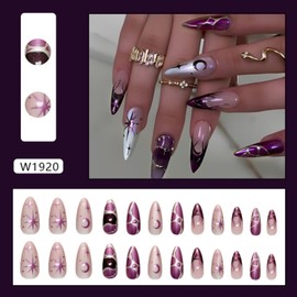 Almond Press on Nails Long Fake Nails French Tip False Nails Purple Artificial Nails with Design Stick on Nails for Women 24pcs
