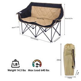 Muejjur 2 Person Camping Chair Oversized Loveseat Camping Chair Double Camping Chairs for Adults Heavy Duty Camping Couch Black Outdoor Folding Chair, Camel Color