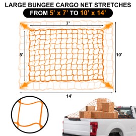 Seven Sparta 5’ x 7’ Bungee Cargo Net Stretches to 10' x 14' for Truck Bed, Pickup Bed, Trailer, Trunk, SUV with 16 Bonus D Clip Carabiners Car Organizer Net for Large Loads (Orange)