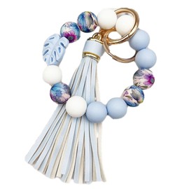 Phamines Leaf Bead Wristlet Keychain for Women,Printed Silicone Beaded Key Ring Car Key Holder Bracelet,Elastic Bangle Leather Tassel (Blue)