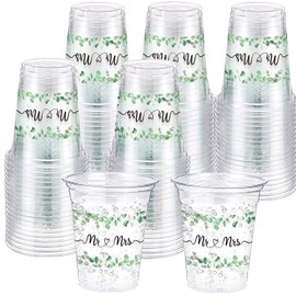 Funnymoom 60 Pack Mr and Mrs Wedding Cups 12 oz Sage Green Eucalyptus Disposable Clear Plastic Drinking Cups for Wedding Bridal Shower Engagement Boho Greenery Party Decorations Supplies