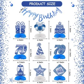 70th Birthday Decorations, 10 Pieces Blue Silver Birthday Table Centerpieces with Happy Birthday Banner, Birthday Honeycomb Table Topper 70th Birthday Gifts for Men Woman Happy Birthday Party Supplies