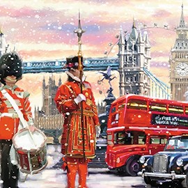 GBCC The Archive Collection Pack of 6 Artistic Charity Christmas Cards - 'London at Christmastime' - Big Ben and Beefeaters - From The Great British Card Company, multi, 141 x 141 mm