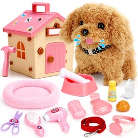 Dreamon 18 Pcs Walking Dog Toy, Realistic Robot Puppy Toddler Girl Toys 3-5 6-8, Build Dog House, Puppy Toys for Kids with Leash & Pet Care, Birthday Gifts for 3 4 5 6 7 8 Year Old Girl Boy