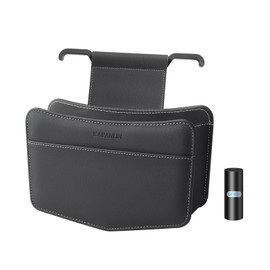 KAFANLIN Car Trash Can small Leather Vehicle Trash Bin Car Dustbin Garbage Organizer Holder with Trash Bag Foldable Mini Cars Storage Bag Container for Auto SUV van trucks (black,hanging hook)