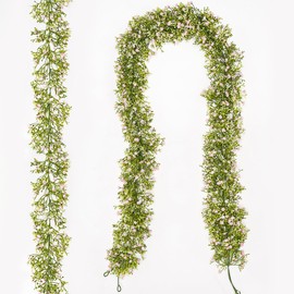 Uqueeten 2 Pcs 5.8ft Artificial Baby Breath Flower Vines, Babys Breath Artificial Flowers Real Touch Faux Gypsophila Hanging Fake Baby's Breath Garlands for Wedding and Baby Shower Decor（Pink）