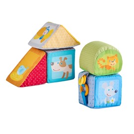 HABA Animal Soft Baby Blocks for 6-12 Months - 5 Geometric Shape Baby Sensory Toys with Rattle, Mirror, Squeaker & Crinkle Foil, Soft Building Blocks for Babies 6-12 Months