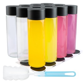 HWASHIN 12 Pack 12oz Glass Water Bottles, 350ml Empty Glass Drink Bottles with Black Lids, Brush & Labels, Clear Reusable Juice Bottles for Juicing, Homemade Smoothies, Beverages