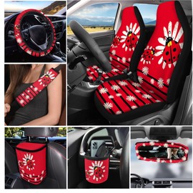 gearider 15 Pcs Ladybug Car Front and Back Seat Cover Steering Wheel Cover Seatbelt Strap Cover Garbage Can Rear View Mirror Protector Keychain for SUV/Sedan/Truck, Red