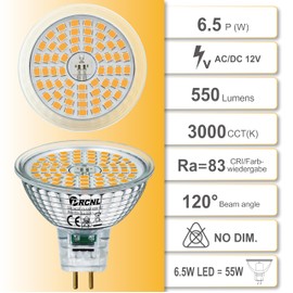 PRCNL GU5.3 LED Bulbs 6.5 W Warm White 3000 Kelvin Bulbs, Replaces 55 W Halogen, 650 Lumens, Non-Dimmable, Flicker-Free MR16 Bulb, AC/DC 12 V, Pack of 6, 120° Beam Angle Reflector Lamps