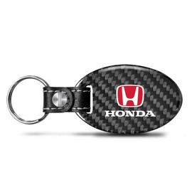 iPick Image Compatible with Honda Red Logo Real Carbon Fiber Large Oval Shape with Black Leather Strap Key Chain