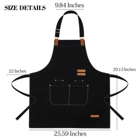 vshougou Black Canvas Chef Apron for Men Women with Adjustable Straps Large Pockets, Waterdrop Kitchen Heavy Duty Cotton Aprons for Tool Cooking BBQ Artist