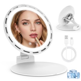 Travel Makeup Mirror with Lights & Fan, 6.5" 2-in-1 Rechargeable Compact Mirror, 3 Color Dimmable Lighting & 3 Speeds Silent Fan, Portable Folding Mirror with Face Fan for Desk & Travel, Great Gift