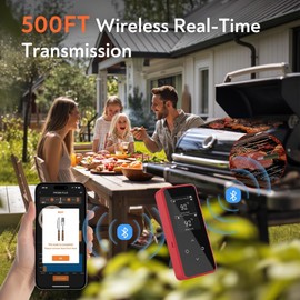 2 Probe Meat Thermometer Wireless, 500FT Unlimited Range Bluetooth Digital Meat Thermometer with Dual High Sensitivity Sensor, LCD, Food Thermometer for Oven, Smoker, Grill, Probe Lasts Up to 16 Hours