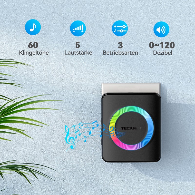 TECKNET Wireless Doorbell, Wireless Doorbell Set, 400 m Range, IP65