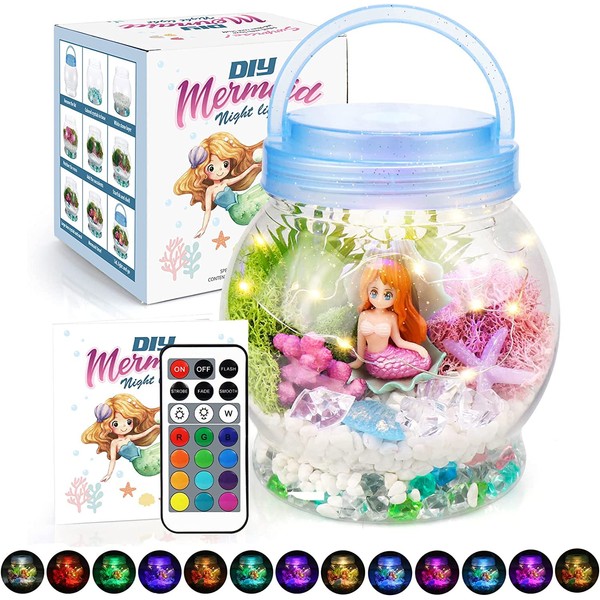 FHzytg DIY Light-Up Mermaid Terrarium Kit for Kids,3 Light Modes Mermaid Toys & Activities Kits Presents,Arts & Crafts Mermaid Gifts for Girls Age 4 5 6 7 8-12 Years Old,Birthday Gift, Bedroom Décor
