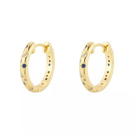 Women 14K Gold Plated Blue Clear CZ Star Round Hoop Huggie Earrings 20mm PE54