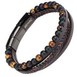 genac Neuf Men's Bracelet Made of 6 mm Natural Stone Beads and Genuine Leather, High-Quality, Multi-Woven Leather with Removable Stainless Steel Magnetic Clasp for Easy Access, Leather