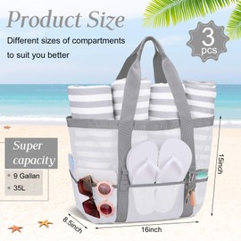 Hillban Large Mesh Tote Beach Bag Waterproof Lightweight Summer for Pool Vacation Travel Market Camping Outdoor Sports(White,3 Pcs)