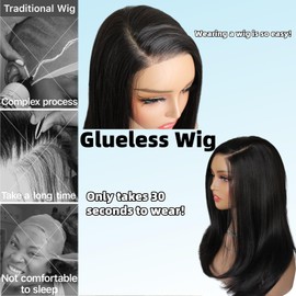 30 seconds to Wear And Go Glueless Wigs 16” Long Straight Synthetic Wig Black Color Lace Front Wigs for Women Wig