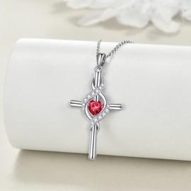 JERWLI Kreuz Halskette für Frauen 925 Sterling Silber Kreuz Geburtsstein Anhänger Halskette Infinity Kreuz Religiöser Schmuck Geschenke für Frauen (Garnet)