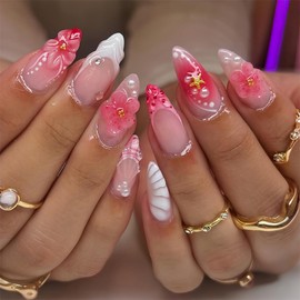 24Pcs Summer Flower Press on Nails Almond Medium Fake Nails with Glue Red Gradient False Nails with 3D Flower Pearl Designs Artificial Acrylic Nails Press ons French Tip Handmade Nails for Women