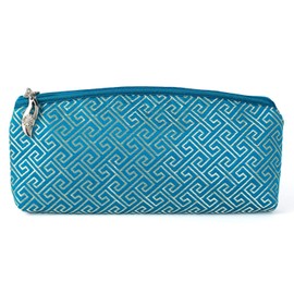Value Arts Silk Damask Greek Key Teal Zippered Glass Case - Pouch