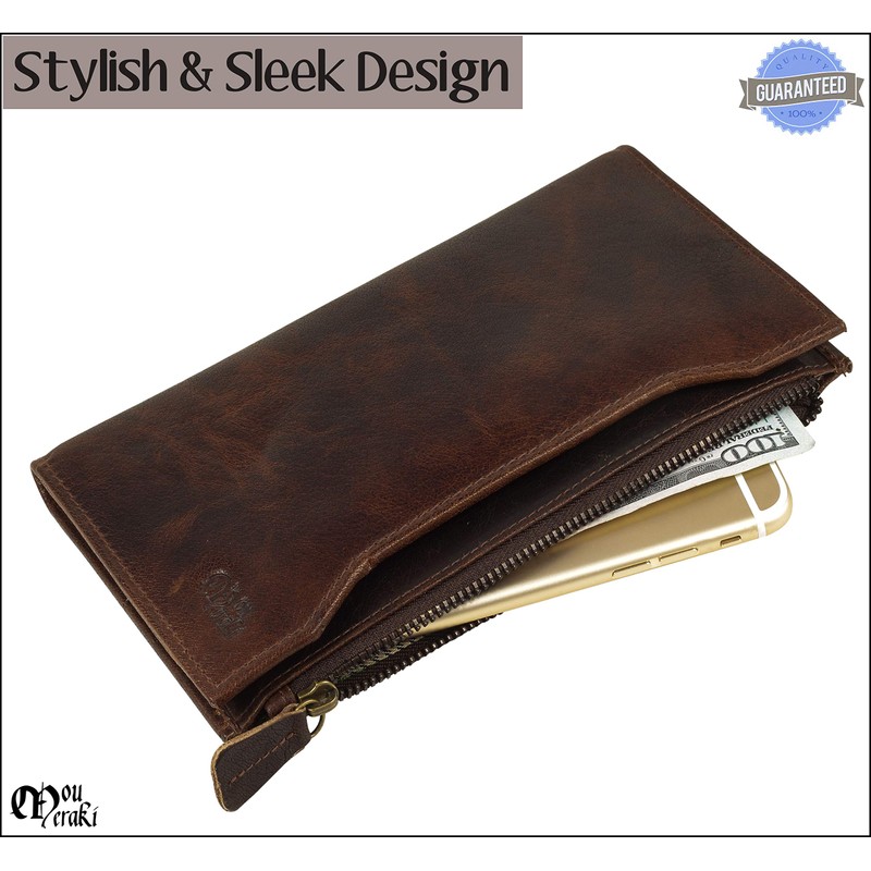Genuine Leather RFID Blocking Long Wallet – Vintage Bifold for