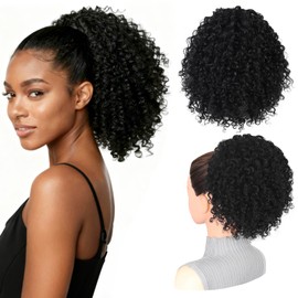 LEEONS Drawstring Ponytail for Black Women, 10 Inch Afro Kinky Curly Updo Hair Piece with 4 Secure Clips, Soft Texture for Daily & Party Wear (1B Natural Black)​