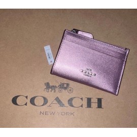 COACH Mini Skinny ID Case Cardholder Keychain Wallet Pink Metallic Leather NEW!!