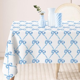AnyDesign Blue Bow Tablecloth Blue Ribbon Bow Fabric Table Cloth Washable Table Cover for Coquette Birthday Baby Shower Home Kitchen Decor, 60 x 104 Inch