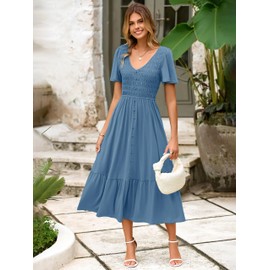 Simplee Womens Summer Smocked Flowy Dress - Casual Flutter Sleeve Tiered Boho Maxi Dresses with Pockets Dusty Blue M