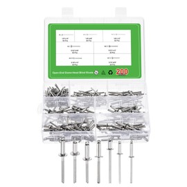 sourcing map 200Pcs 7 Sizes 304 Stainless Steel Open-End Dome-Head Blind Rivets Assortment Kit, Open-End Type Blind Rivets for DIY, Sheet Metal, Automotive Repairs, Furniture (Silver)