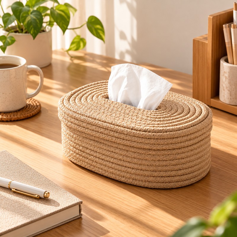 Woven Tissue Box Cover for Home Decor – Oval Textured