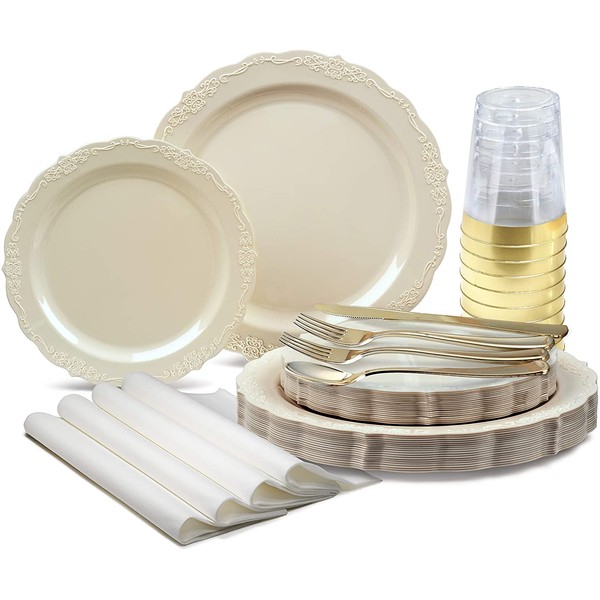 " OCCASIONS" 640 Pieces set (80 Guests)-Vintage Wedding Party Disposable Plastic Plates & cutlery -80 x 10'' + 80 x 7.5'' + Silverware + Cups + Napkins (Verona Plain Ivory)