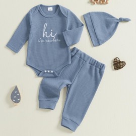 Vioyavo Newborn Baby Boy Clothes Set Long Sleeve Romper Long Pants Hat Waffle 3Pcs Set Autumn Winter Infant Outfits (Blue, 0-3 Months)