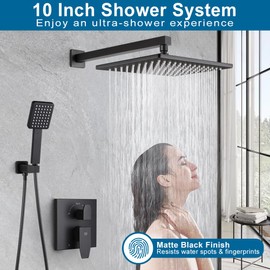 POP SANITARYWARE Matte Black Shower Faucet Set Rainfall 10 Inch Shower Head and Handle Set Bathroom Rain Shower System Wall Mounted Shower Fixture Include Shower Valve and Trim Kit