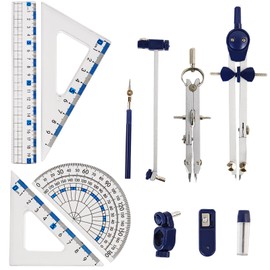 11 Piece Geometry Set, KUAOOAUK Metal Compass and Protractors Set, Professional Drafting Tools Clear Ruler Kit with Storage Box, Math School Supplies for Students Engineers
