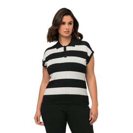 Ulla Popken Women's Sweater, Ajour Pattern, Stripes, Polo Collar, Sleeveless, Black, 28-30