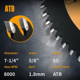 POWERTEC 7-1/4 Inch Circular Saw Blade, 60T, 5/8" Arbor, ATB Carbide Teeth - Thin Kerf Carbide Tipped Wood Cutting Blade, Fast Crosscutting for Softwood & Hardwood (14016)