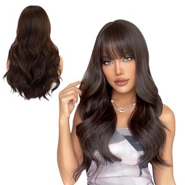Pelucas para Mujer, Peluca Ondulada Rizada con Flequillo, Pelo Esponjoso, Ideal para Fiestas, Halloween, Juegos de Rol, Fiestas y Cualquier Otra Escena (Marrón Oscuro, 66cm)