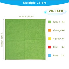 O2frepak Microfiber Cleaning Cloth,20 Pcs 11.8"X11.8" Highly Absorbent Cleaning Rag,Washable and Reusable Cleaning Towels for Kitchen,Window,Car(Green/Orange/Yellow/Red/Blue)