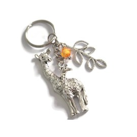 GIRAFFE mother & child silver alloy keychain keyring animal lover birthday Xmas present, Giraffe zoo safari travel novelty party bag favors gift