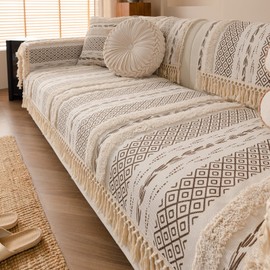 vctops Boho Cotton Linen Sofa Cover with Handmade Tassels Farmhouse Rustic Thick Tufted Setcional Couch Covers Non-Slip Soft Sofa Slipcover Washable Furniture Protector (Pattern F,36"x47")