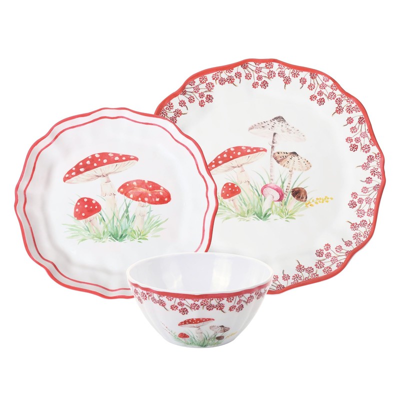 UPware 12 Piece Mushroom Melamine Dinnerware Sets, Outdoor Dishes Set,