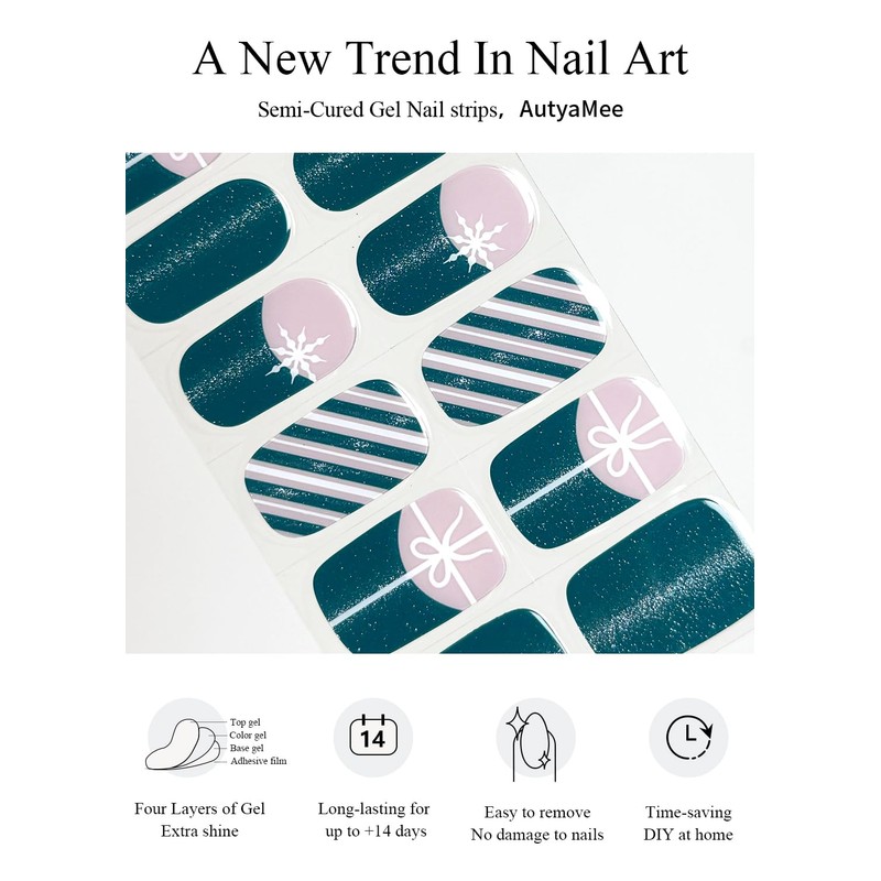 AutyaMee Semi Cured Gel Nail Strips (Green Cat Eye), Christmas