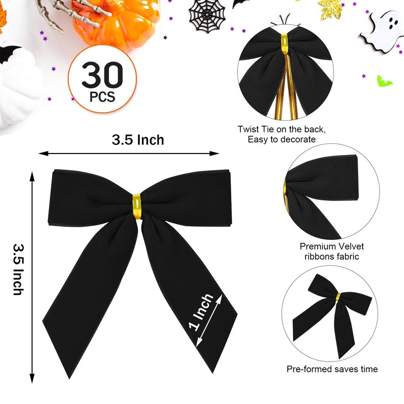 30 Pcs Black Velvet Bows for Christmas Tree, Halloween Tree