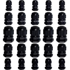 Cable Glands - 25 Pack Plastic Waterproof 3.5-13mm Nylon Cable Glands Joints Wire Protectors, PG 7/9/11/13.5/16, for Home/Garden/Outdoor Lighting Cable Black